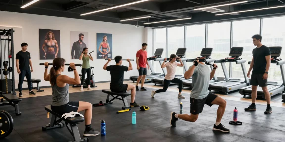Global Pharma Steroids in einem modernen Fitnessstudio mit aktiven Sportlern beim Training.