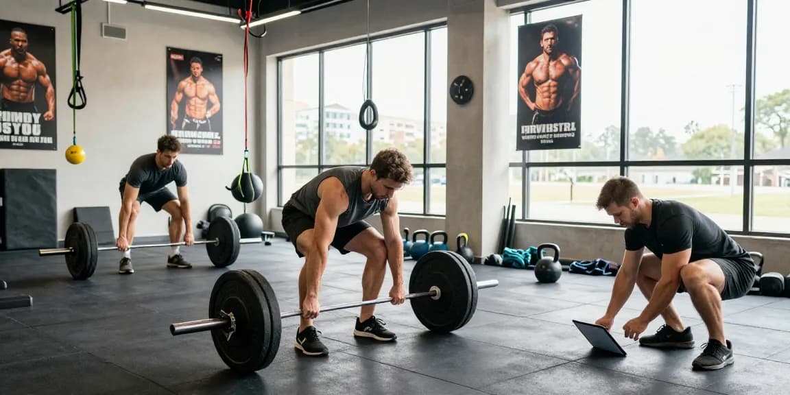 Bodybuilder bei intensiven Trainingseinheiten im Steroidshop, unter Verwendung von Fitnessgeräten und Tablets zur Überwachung des Fortschritts.