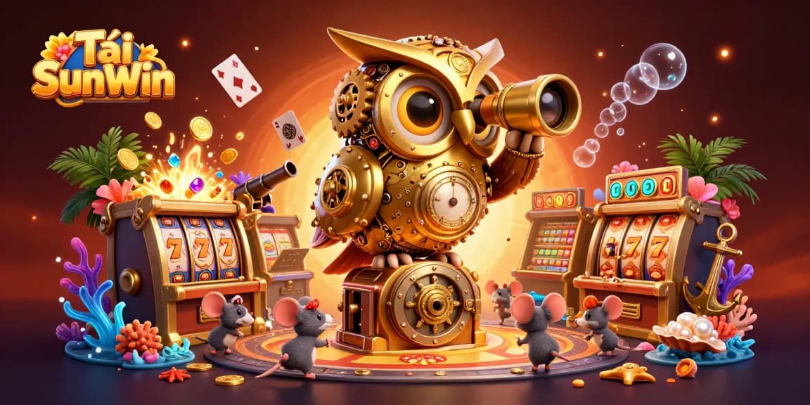 Engage with Tải SunWin, showcasing a vibrant casino scene with a clockwork owl and playful mice.