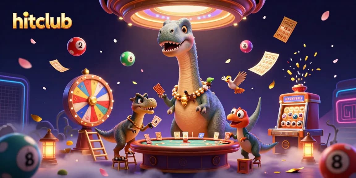 Hitclub showcases a dynamic casino scene with a brontosaurus and clever raptor dealing cards.