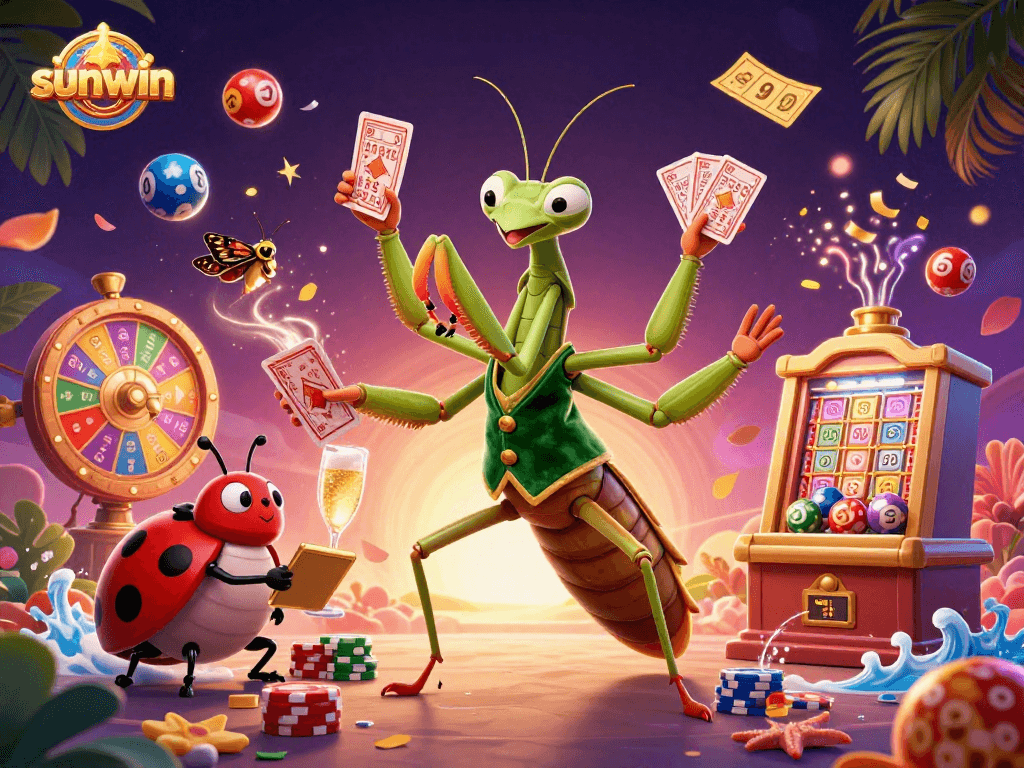 Experience sunwin's lively casino scene with a giant praying mantis, ladybug pit boss, and vibrant lottery elements.
