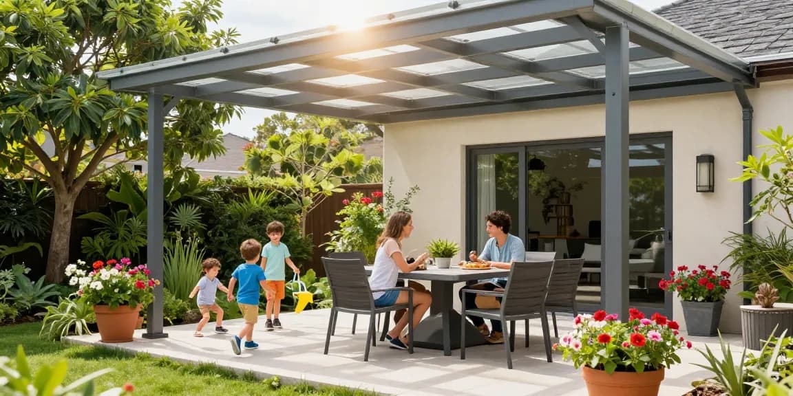 Schöne Terrassenüberdachungen aus Aluminium auf einer sonnigen Terrasse mit Familie und Gartenpflanzen.
