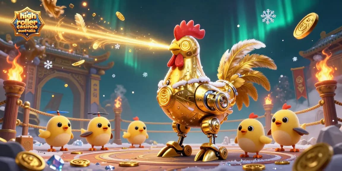 Experience thrilling action at high roller casinos australia with a 3D golden rooster robot and baby chick drones.