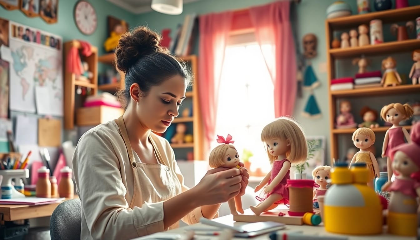 Gestalter schafft einzigartige Gutdolls in einem bunten Atelier voller Kreativität und Farben.