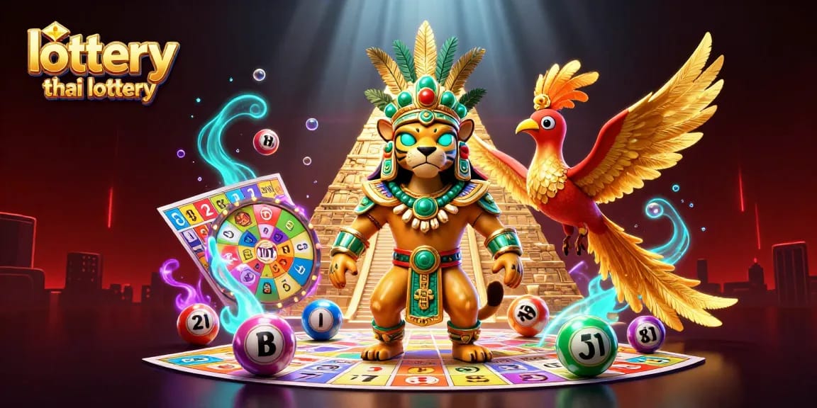 Engage with the lottery Thai lottery scene, featuring colorful balls and a vibrant prize wheel.