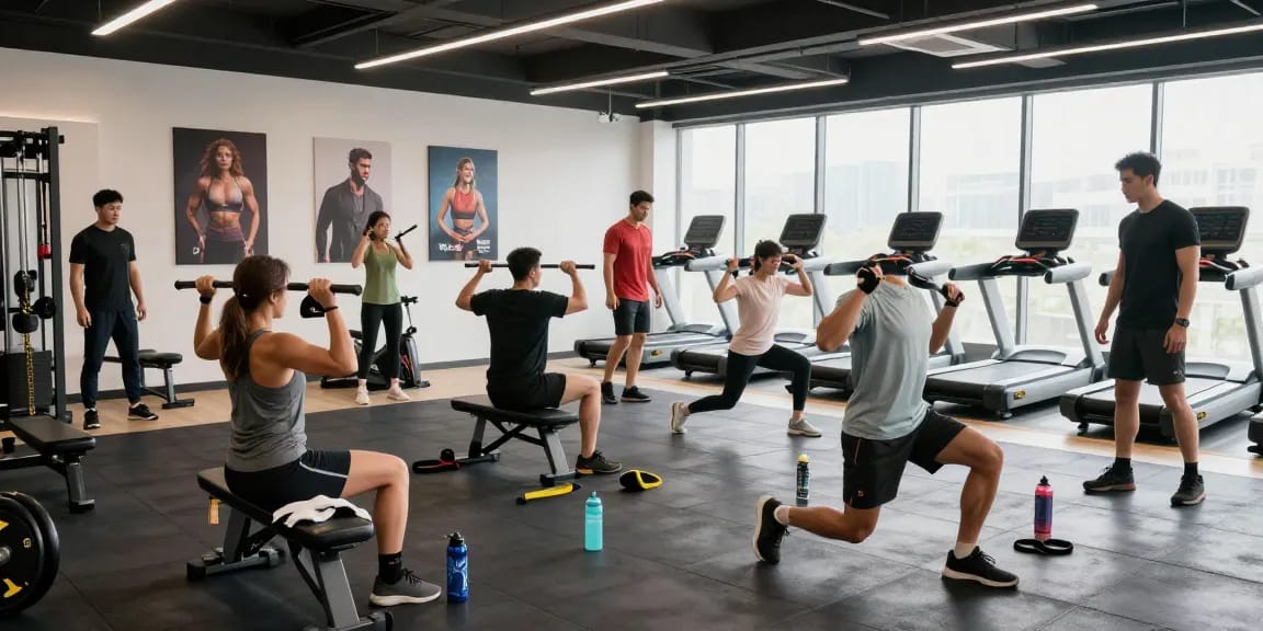 Global Pharma Steroids in einem modernen Fitnessstudio mit aktiven Sportlern beim Training.