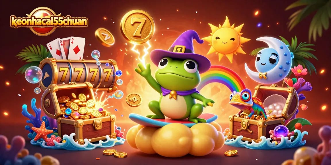 Experience keonhacai55chuan in a vibrant 3D casino scene filled with gold, luck, and excitement.