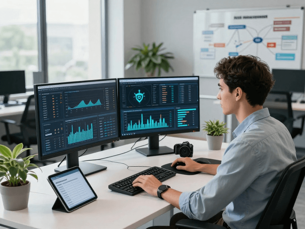 Engaged cybersecurity analyst monitoring data analytics in a modern office focused on Daten- und IT-Sicherheit Dienstleistung.