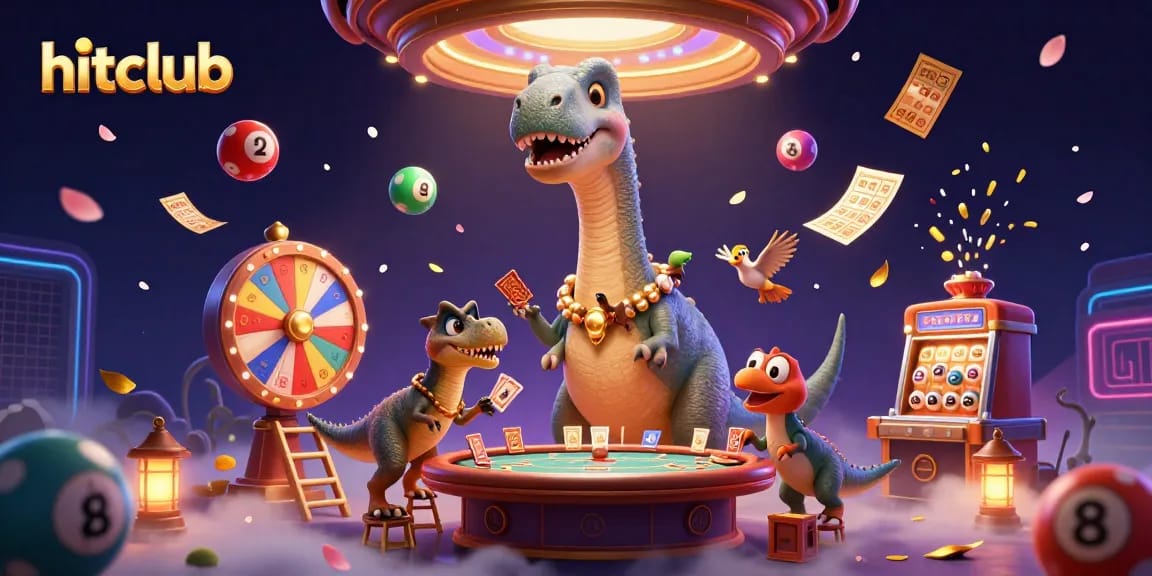 Hitclub showcases a dynamic casino scene with a brontosaurus and clever raptor dealing cards.