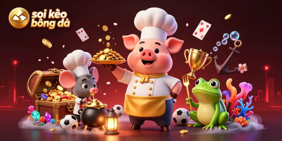 Soi kèo bóng đá scene with a chef pig, sous-chef mouse, and critic frog showcasing gold coins and sports betting elements.