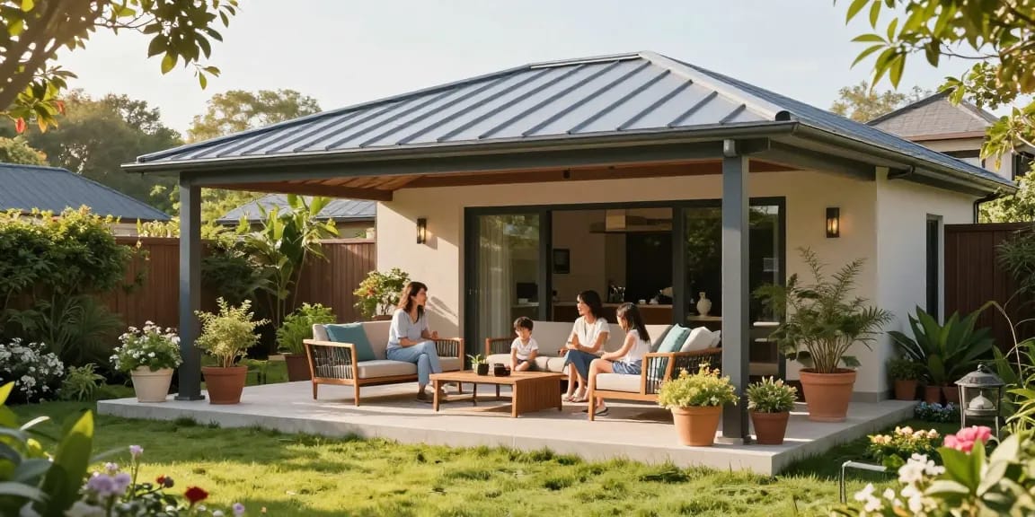 Schattenspendende freistehende Terrassenüberdachung in einem stilvollen Garten mit Familie.