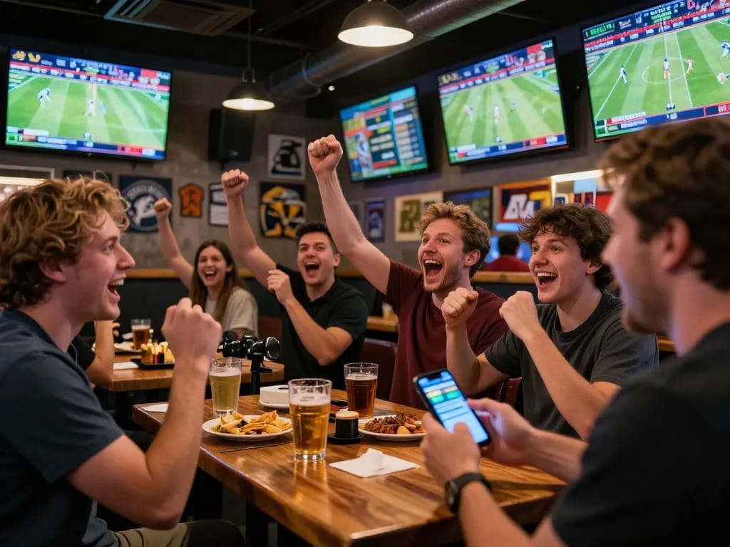 Betting excitement with TG88 app on smartphone in a lively sports bar environment.