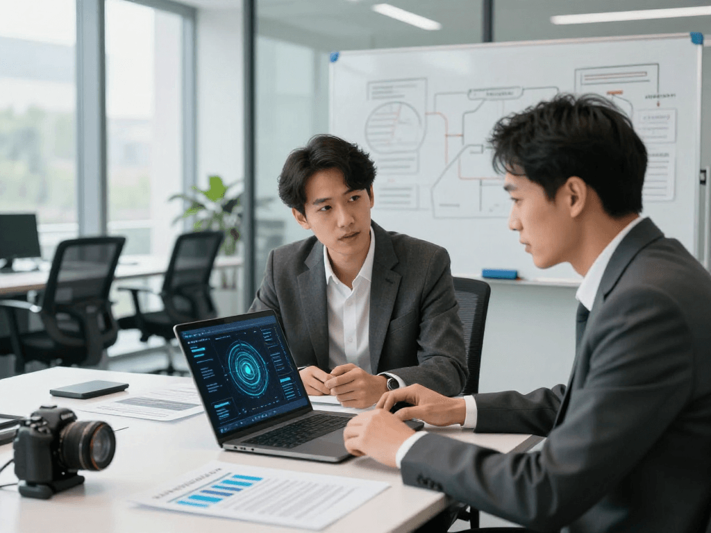 Daten- und IT-Sicherheitsdienstleistung in einem modernen Büro mit Sicherheitsanalyst und Kunden.