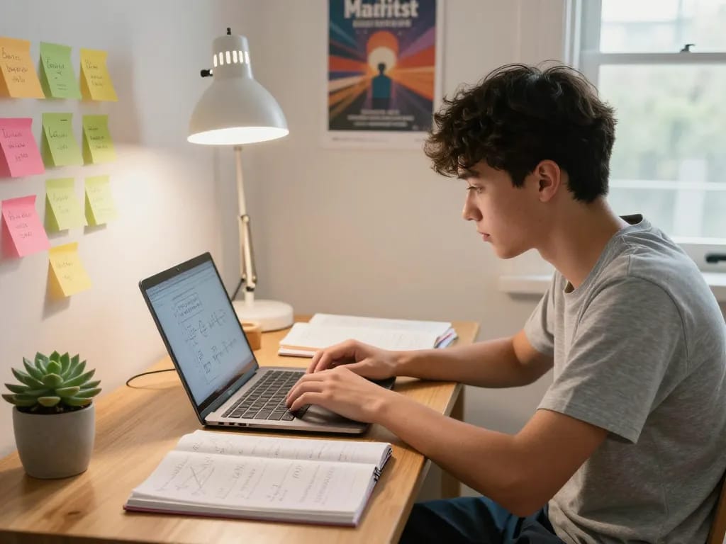 Student, der einen Online Hausaufgaben Löser in einem gemütlichen Arbeitszimmer verwendet