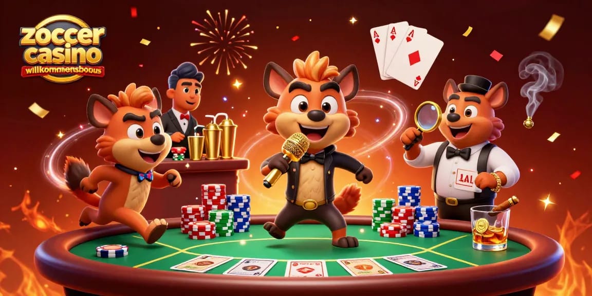 Erleben Sie die aufregende Welt des Zoccer Casino Willkommensbonus mit humorvollen Hyänen und Casino-Elementen.