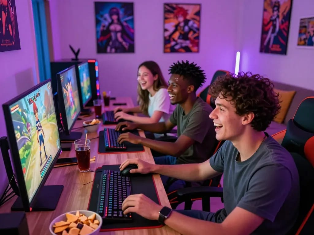Friends enjoying a lively gaming session of a hentai game in a colorful living room setting.