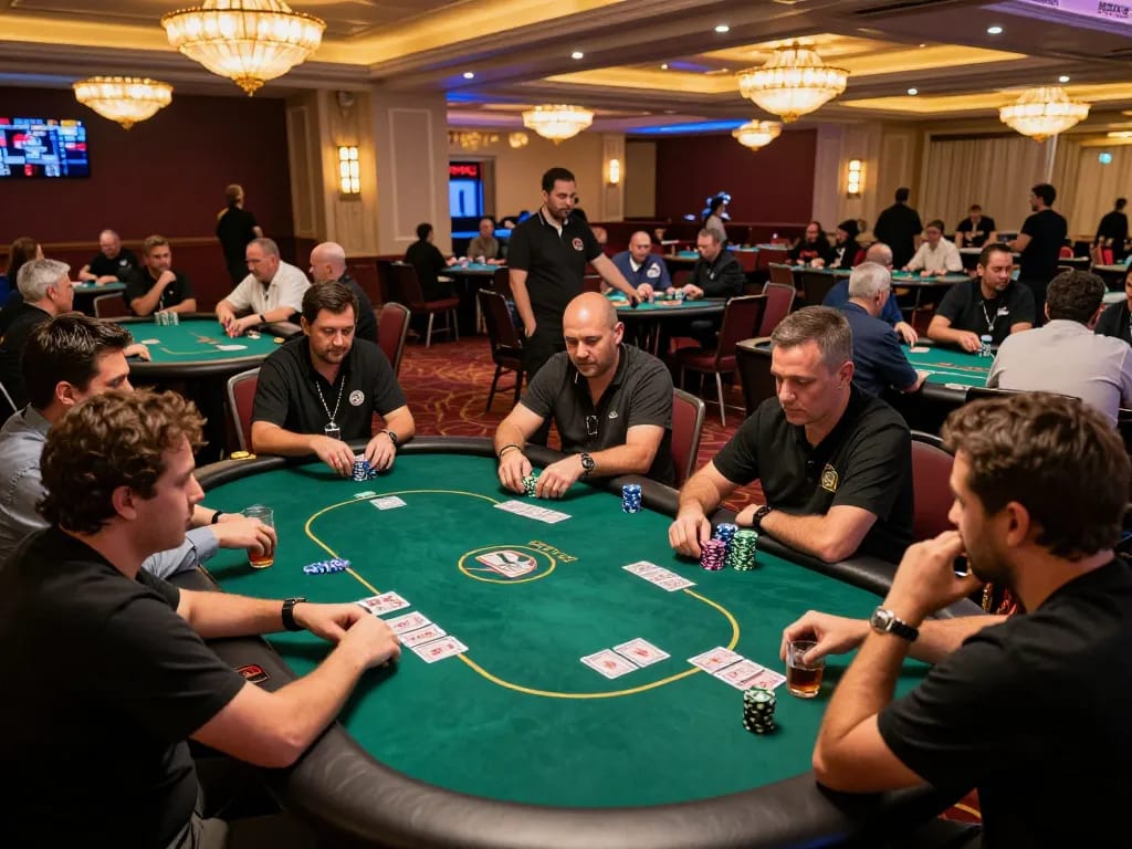 Immobilienmakler Frankfurt Ginnheim-Spieler engagieren sich strategisch in einer spannenden Pokerszene in einem schwach beleuchteten Casino.