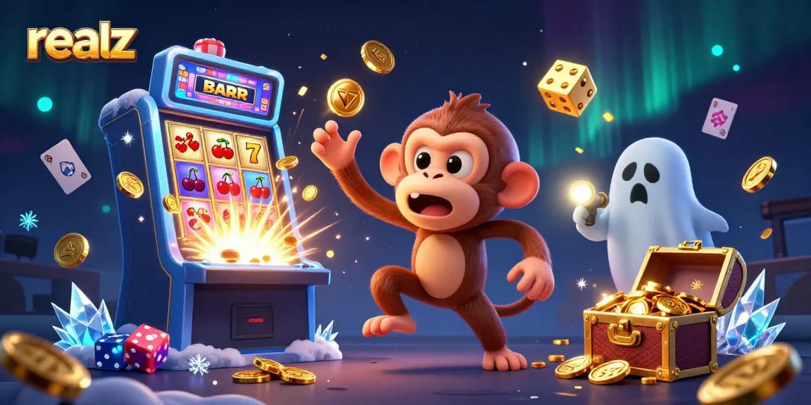 Engage with realz casino magic as a mischievous monkey juggles golden treasures in a haunted scene.