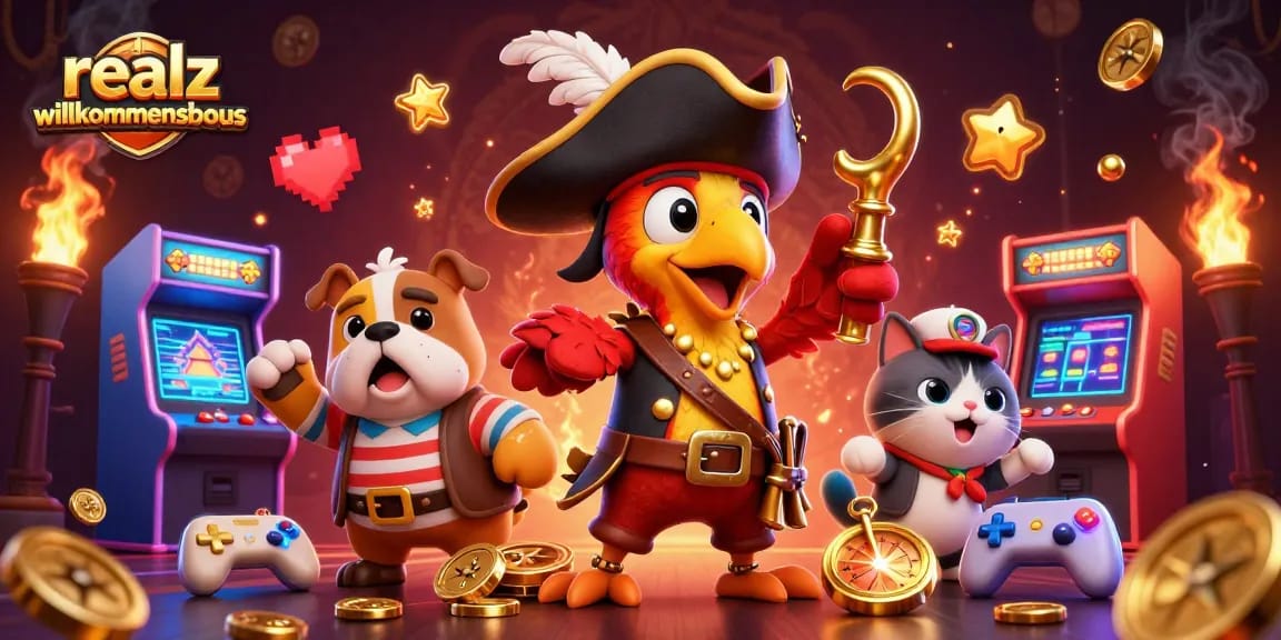 Erlebe den realz casino Willkommensbonus mit einer fesselnden 3D-Illustration von Piraten-Charakteren.