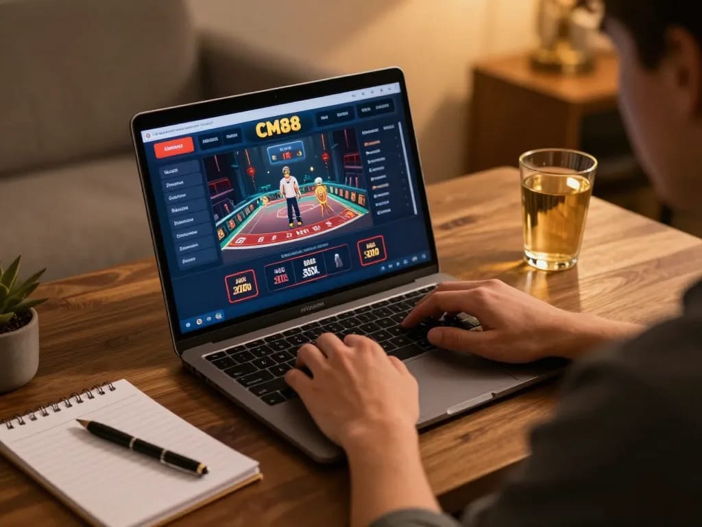 Engaging in online casino gaming at CM88 with laptop featuring a vibrant interface and notes nearby.