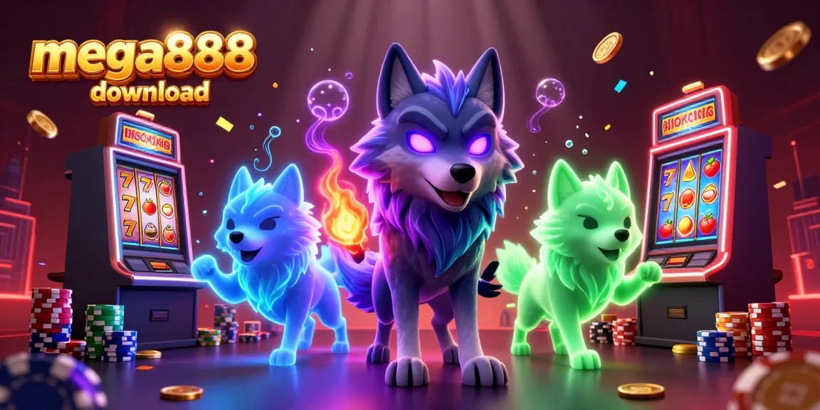 Experience thrilling mega888 download with exciting slots and ghostly wolves in a vibrant casino scene.
