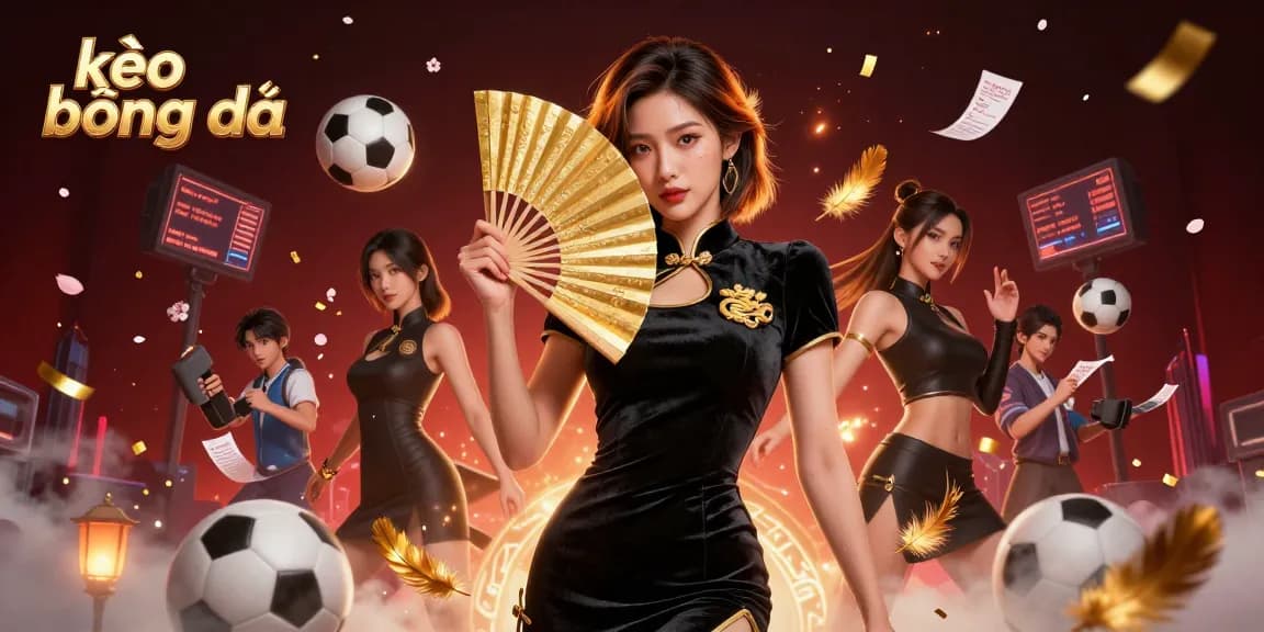 Engage in kèo bóng đá with an elegant Asian woman set against vibrant sports betting elements.