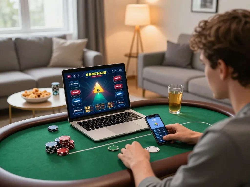 Engaged player in online poker session using their laptop while Plagiat scannen, with snacks and drinks nearby for a cozy atmosphere.