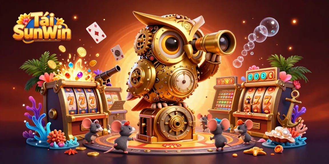 Engage with Tải SunWin, showcasing a vibrant casino scene with a clockwork owl and playful mice.