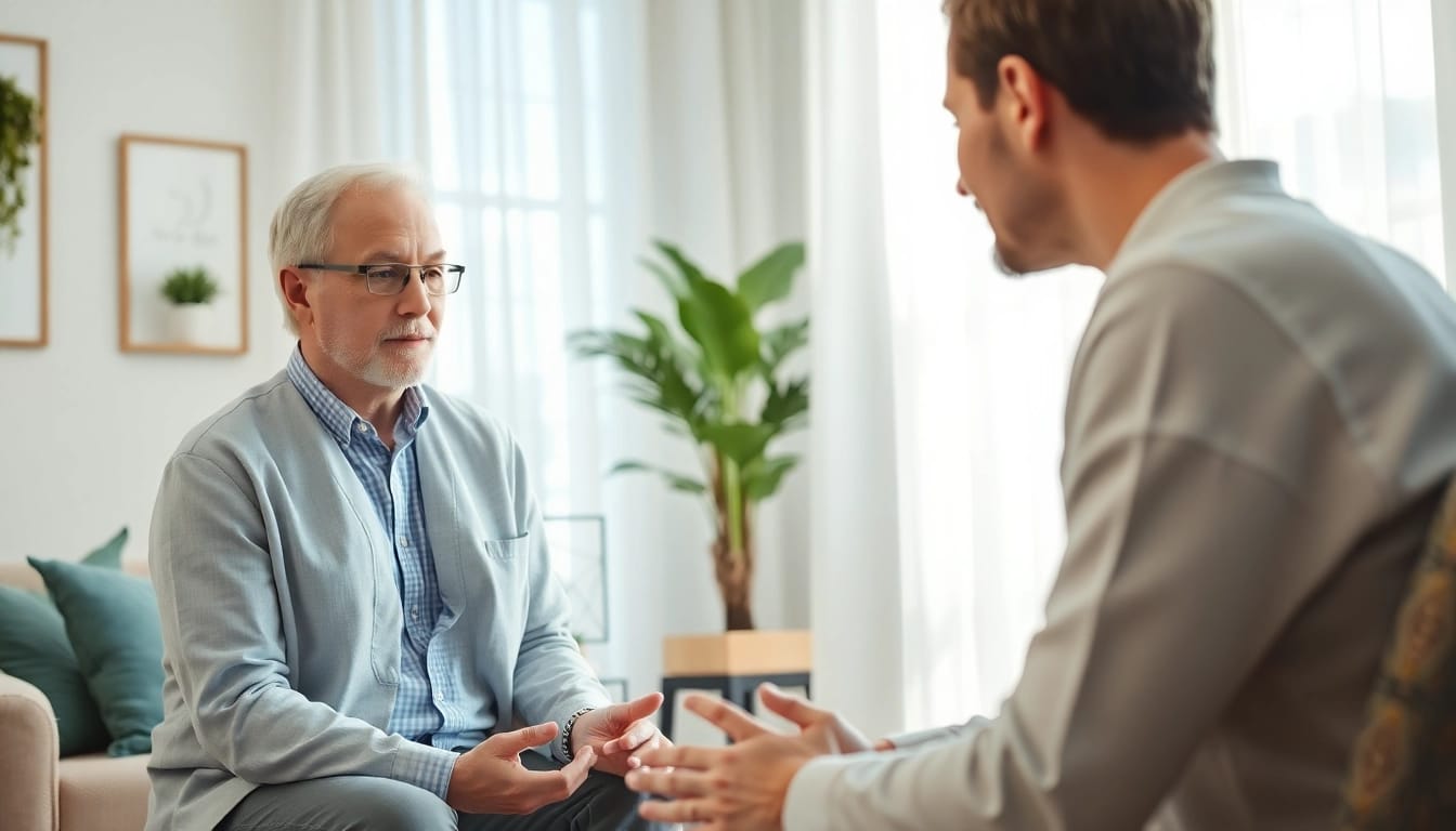 Therapeut führt Reinkarnationstherapie-Sitzung mit Klient durch in einem ruhigen Raum.