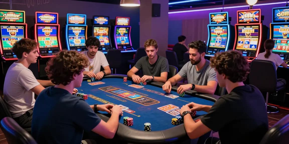 Exciting gaming scene at https://gemwin.pics/ showcasing diverse players enjoying card games and vibrant slot machines.