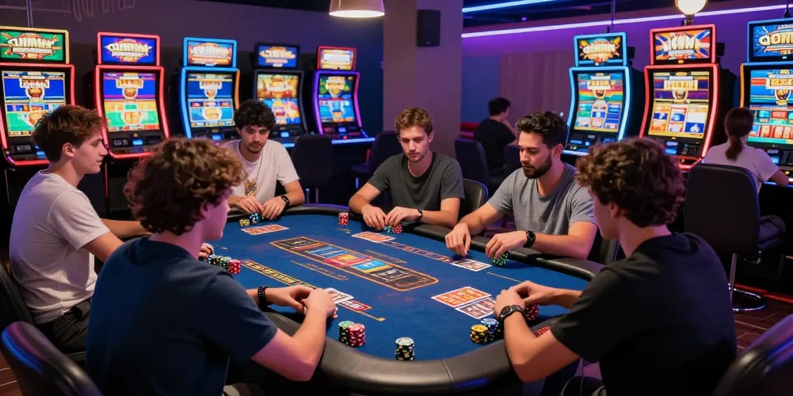 Exciting gaming scene at https://gemwin.pics/ showcasing diverse players enjoying card games and vibrant slot machines.