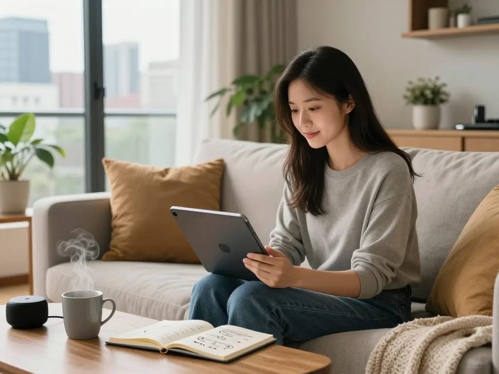Engaging moment with a girlfriend AI on tablet in a cozy modern apartment.