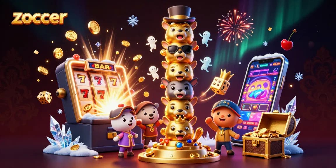 Zoccer showcases an exciting gambling scene with vibrant slot machine and playful totem pole.