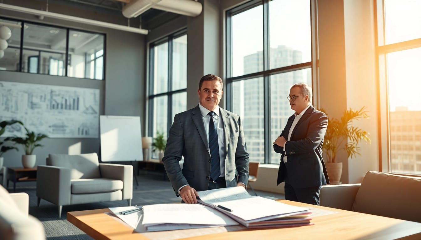 Headhunter Ingenieure consulting a client in a modern office setting with engineering tools.