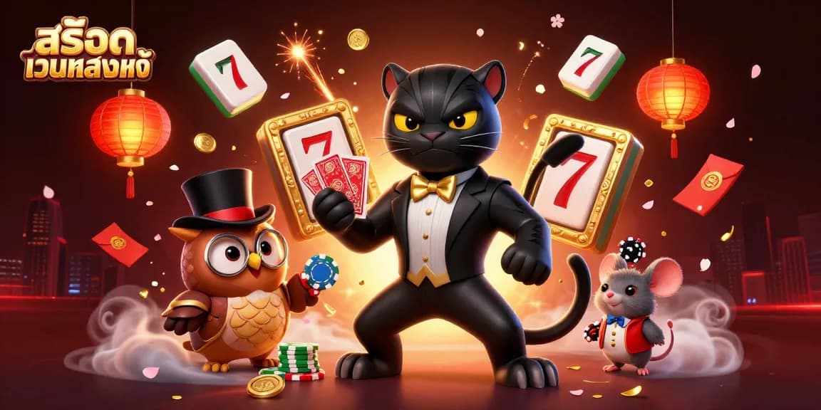 Experience excitement with สล็อตเว็บตรงแท้ as a stylish panther deals cards amidst vibrant casino elements.