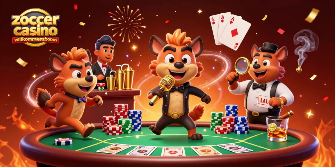 Erleben Sie die aufregende Welt des Zoccer Casino Willkommensbonus mit humorvollen Hyänen und Casino-Elementen.