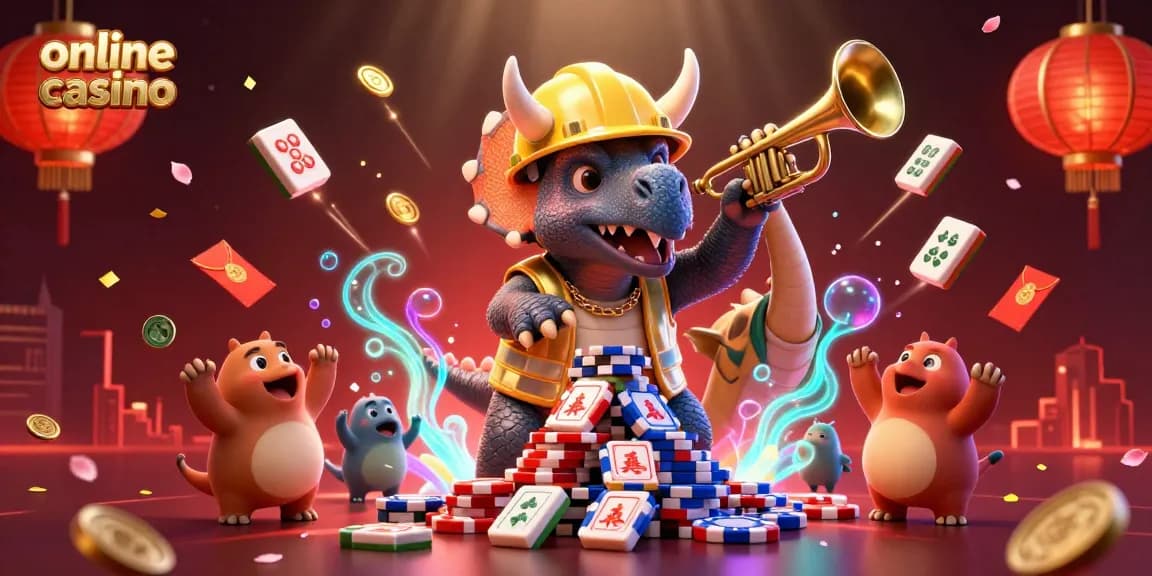 Experience the excitement of an online casino with a triceratops building poker chip pyramids in a vibrant celebration.