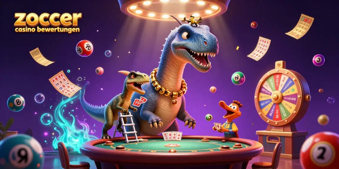 Zoccer casino bewertungen showcases a vibrant 3D illustration of a brontosaurus among dynamic gambling elements.