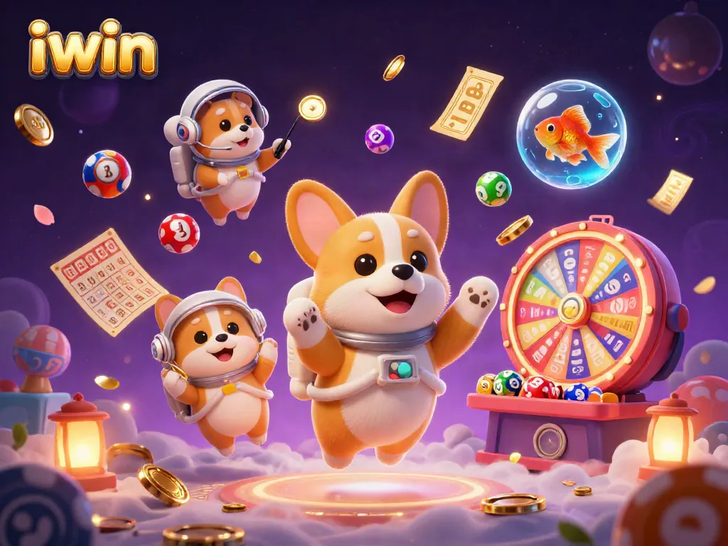 Engage in thrilling iwin gaming with a cheerful corgi astronaut navigating a cosmic casino.