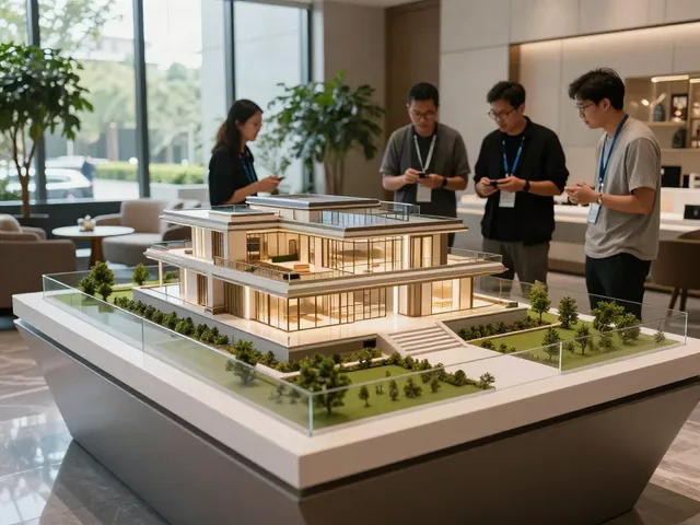 Villenmodell Präsentation Architektur in einem eleganten Ausstellungsraum, umgeben von modernem Design und natürlicher Beleuchtung.