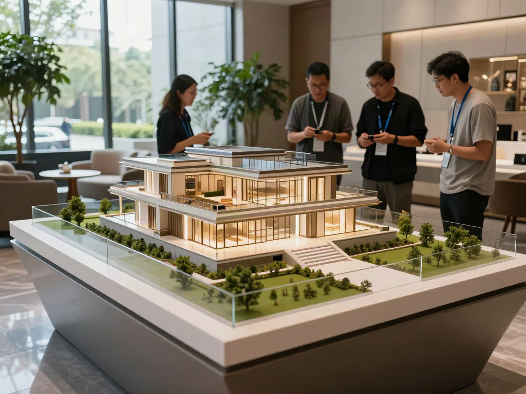 Villenmodell Präsentation Architektur in einem eleganten Ausstellungsraum, umgeben von modernem Design und natürlicher Beleuchtung.
