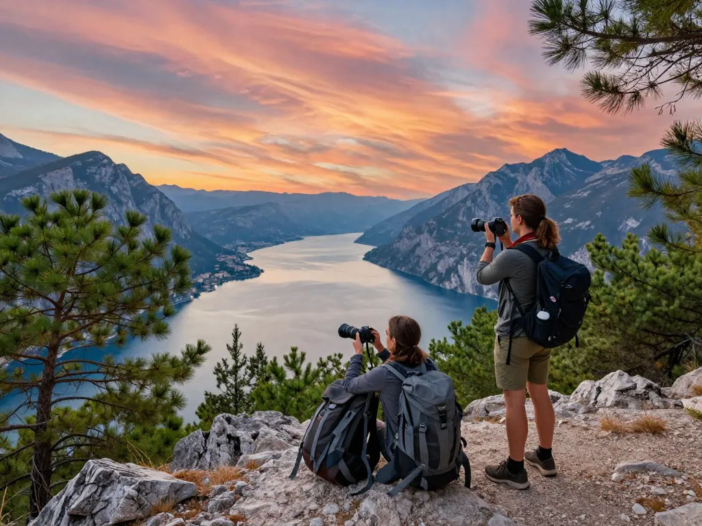 Atemberaubender Sonnenuntergang über dem Gardasee mit Reisenden, die malerische Gardasee Reisetipps Momente festhalten.