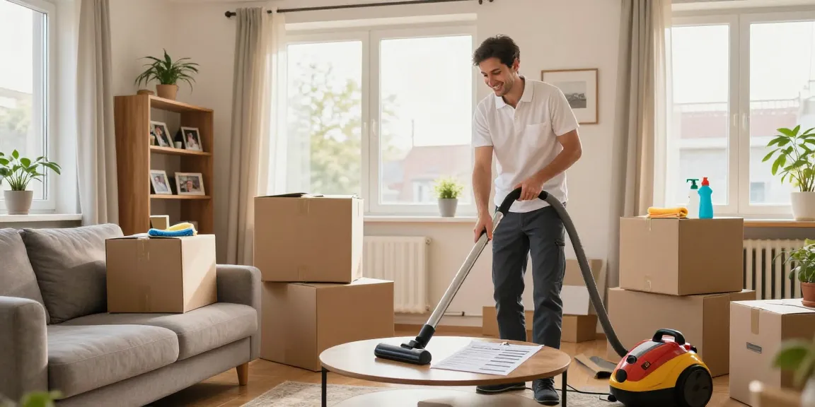 Umzugsreinigung Bern service in action, with a professional cleaner organizing a living room and packing boxes.