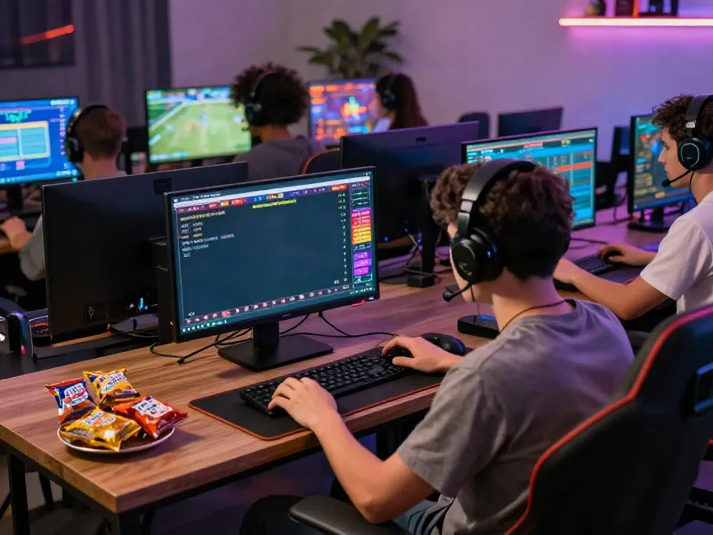 Engaged gamers on SV88 platform with dynamic dual monitors, vibrant lighting, and gaming ambiance.