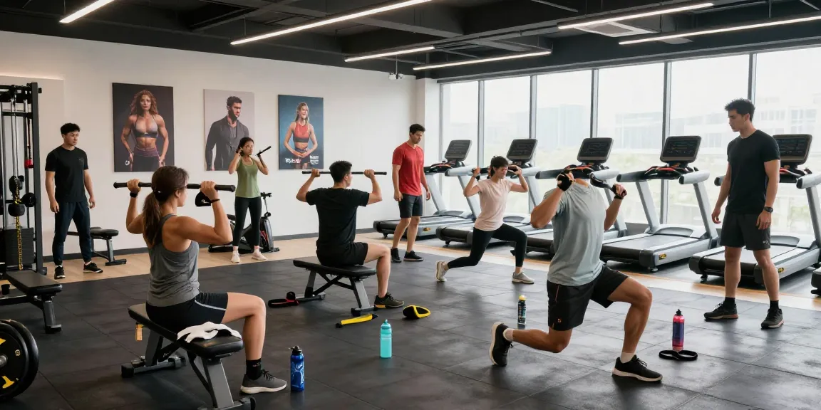 Global Pharma Steroids in einem modernen Fitnessstudio mit aktiven Sportlern beim Training.