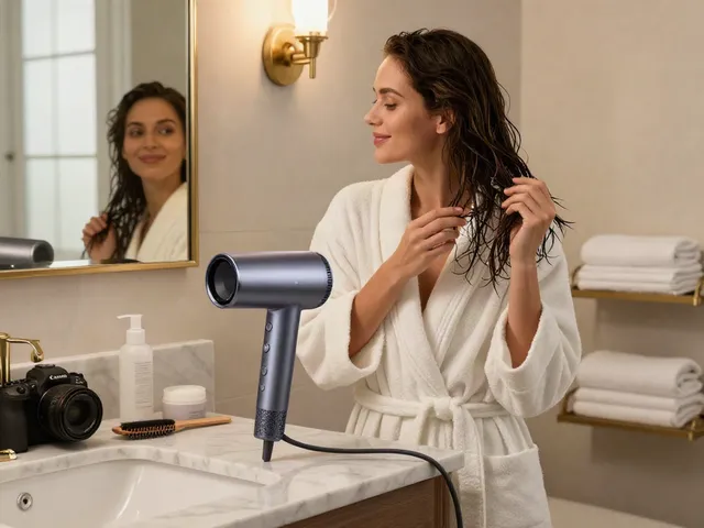 Laifen Haartrockner in einem eleganten Badezimmer neben Beauty-Produkten.