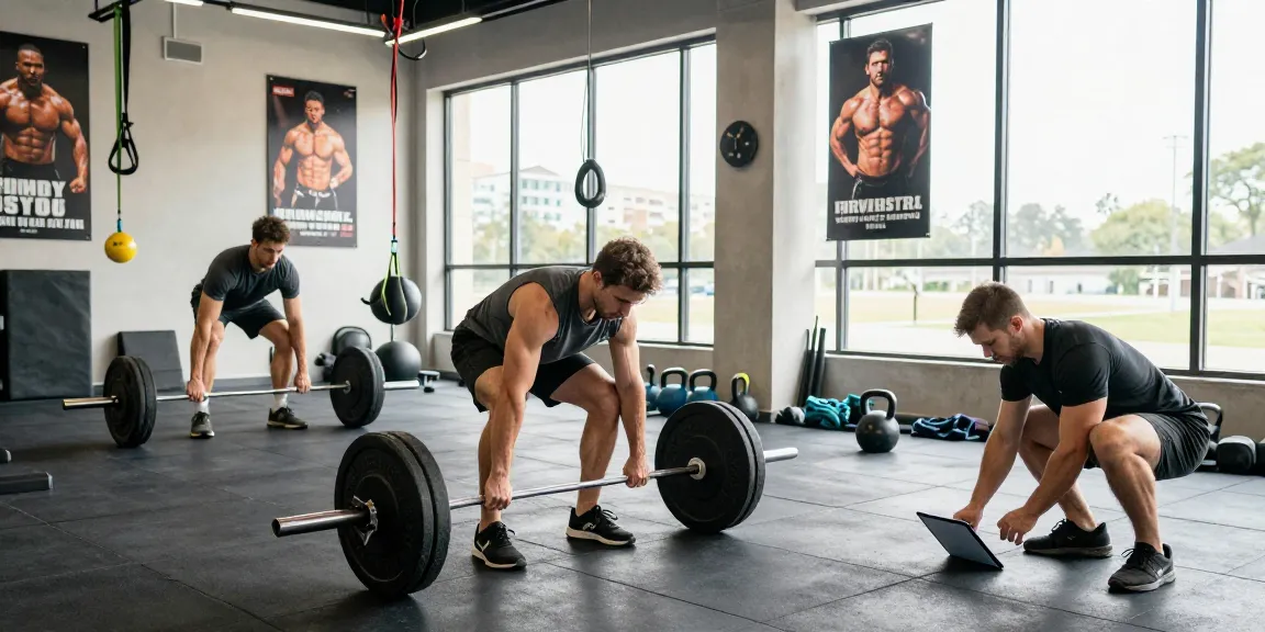 Bodybuilder bei intensiven Trainingseinheiten im Steroidshop, unter Verwendung von Fitnessgeräten und Tablets zur Überwachung des Fortschritts.