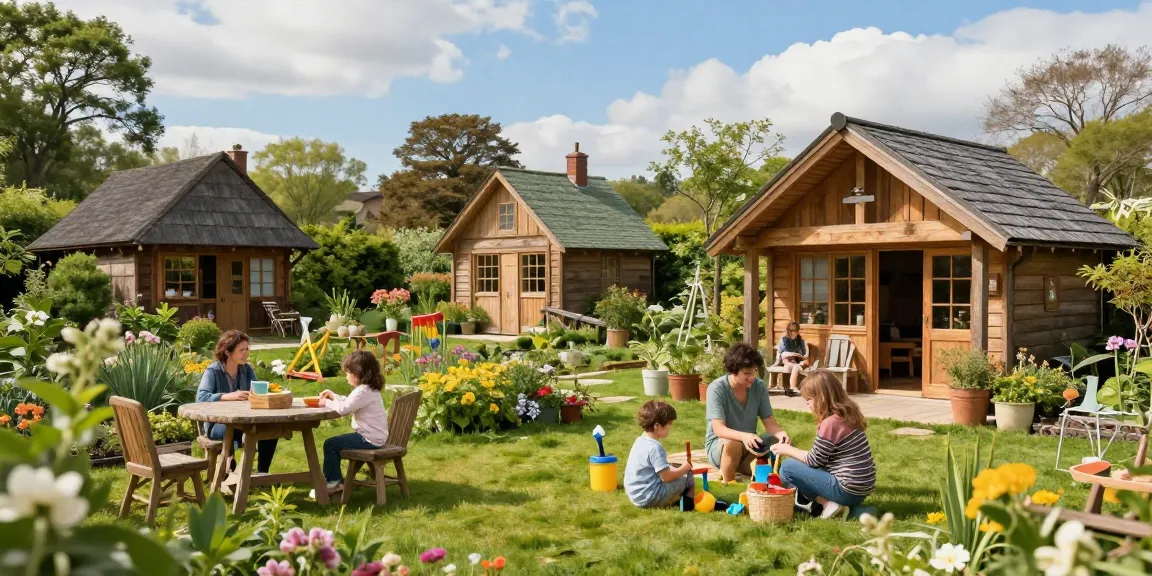 Garten Haus in malerischer Gartenlandschaft mit Familie und bunten Blumen.