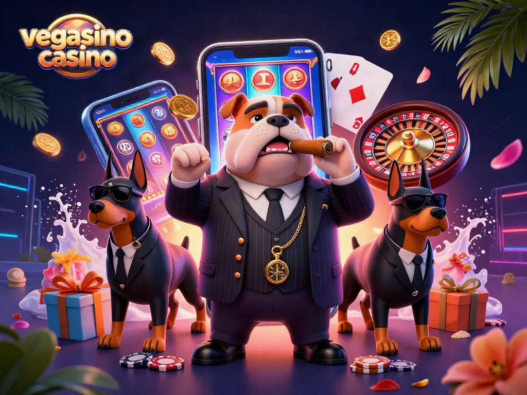 Experience the excitement at vegasino casino with this vibrant 3D illustration of classic casino elements and characters.