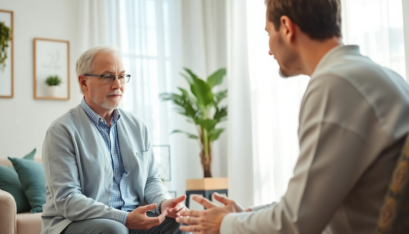 Therapeut führt Reinkarnationstherapie-Sitzung mit Klient durch in einem ruhigen Raum.